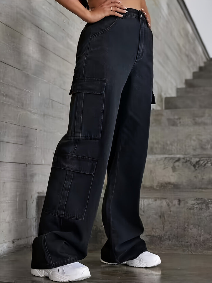 Solid color high-waisted multi-pocket cargo pants
