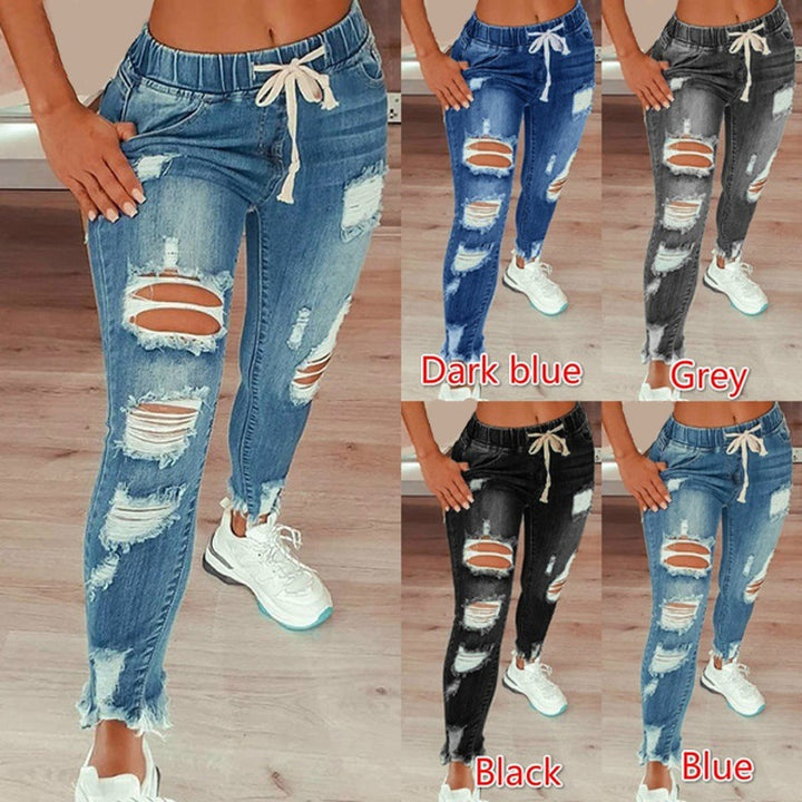 Elastic waist high-waisted ripped drawstring pants