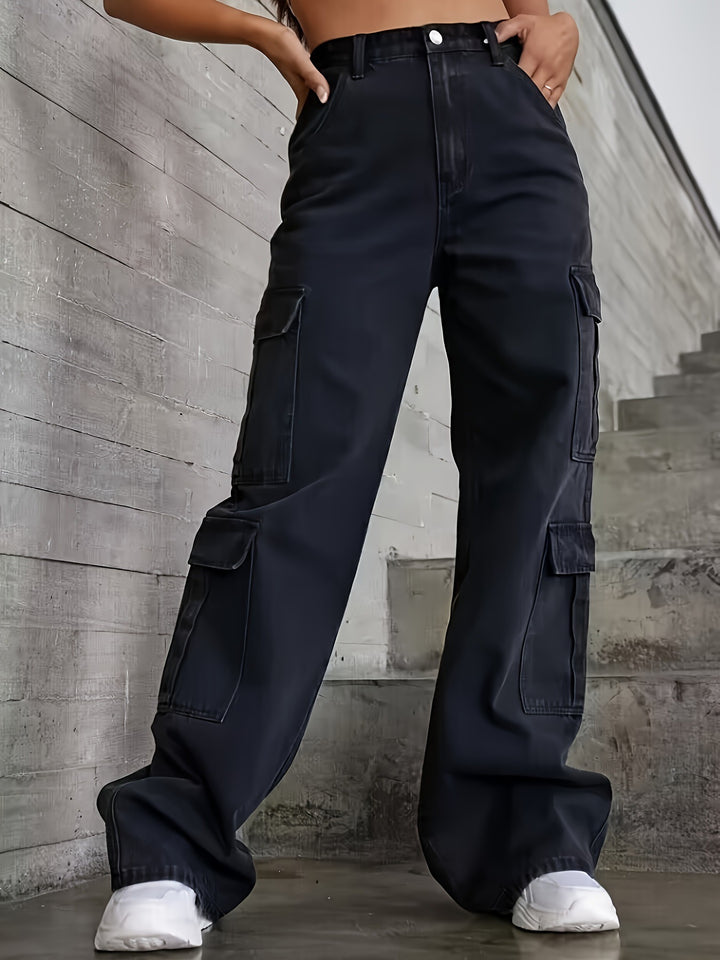 Solid color high-waisted multi-pocket cargo pants