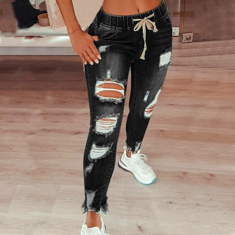 Elastic waist high-waisted ripped drawstring pants