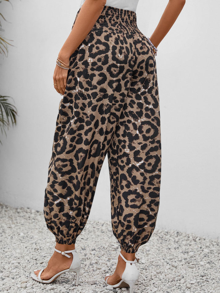 Leopard print casual elastic waist wide pockets cropped pants