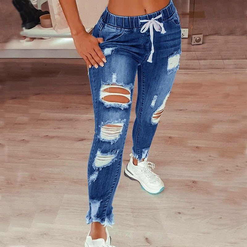 Elastic waist high-waisted ripped drawstring pants
