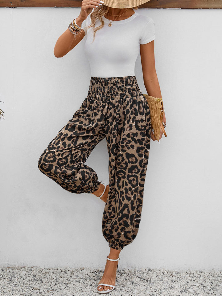 Leopard print casual elastic waist wide pockets cropped pants