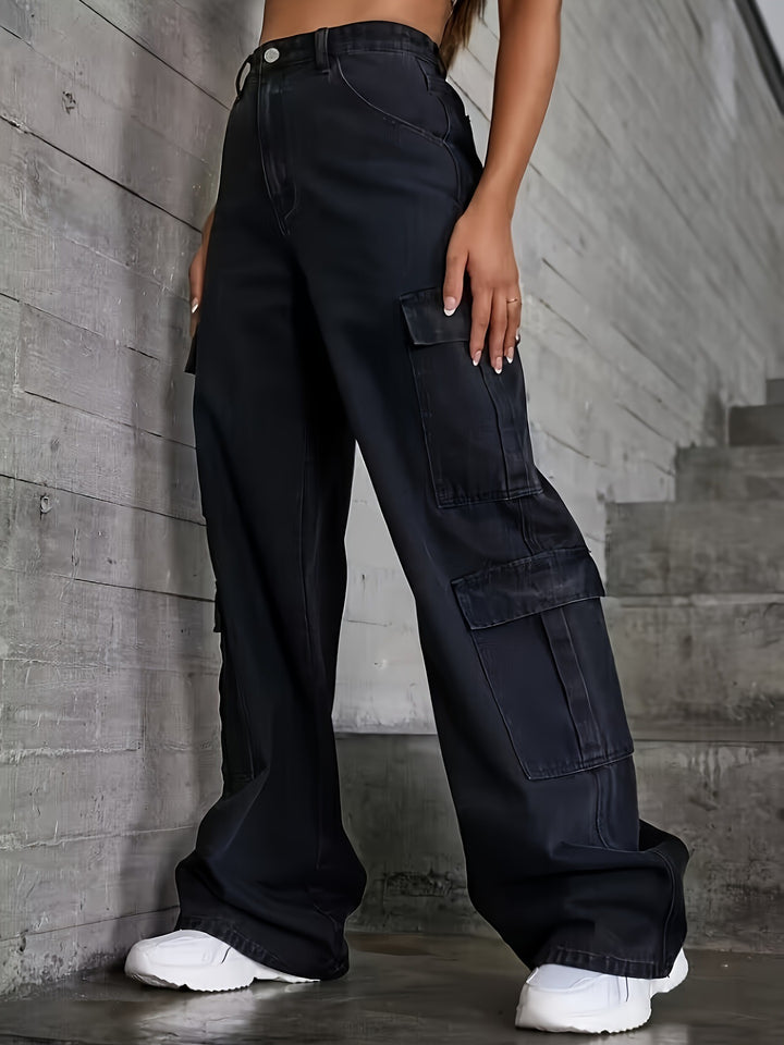 Solid color high-waisted multi-pocket cargo pants