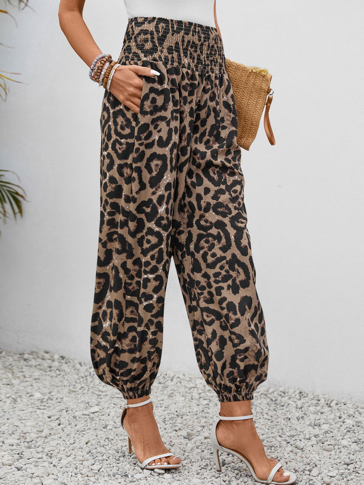 Leopard print casual elastic waist wide pockets cropped pants
