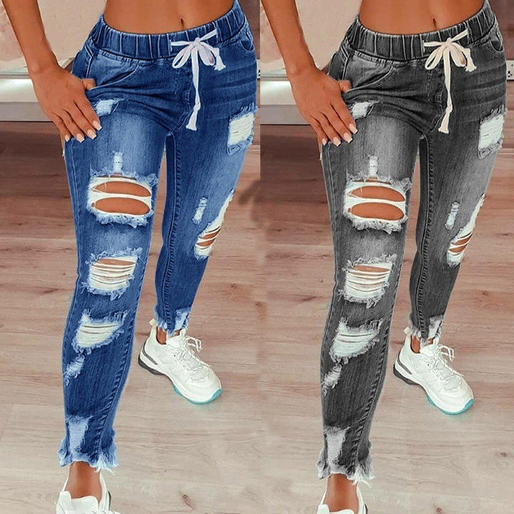 Elastic waist high-waisted ripped drawstring pants