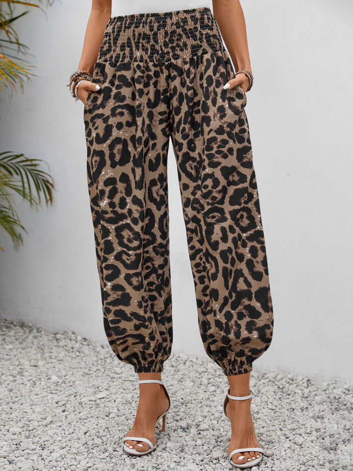 Leopard print casual elastic waist wide pockets cropped pants