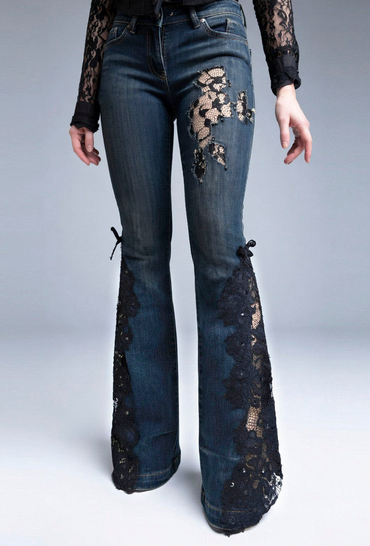 Lace ripped flared jeans