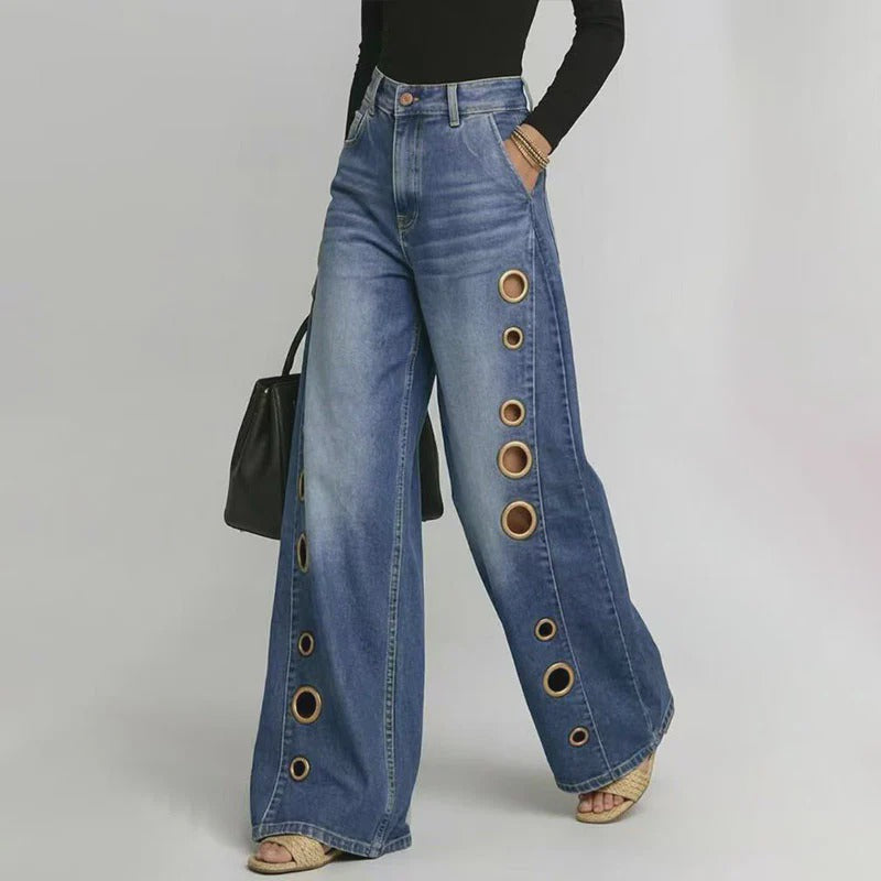 Retro Eyelet-Detail Wide-Leg Jeans