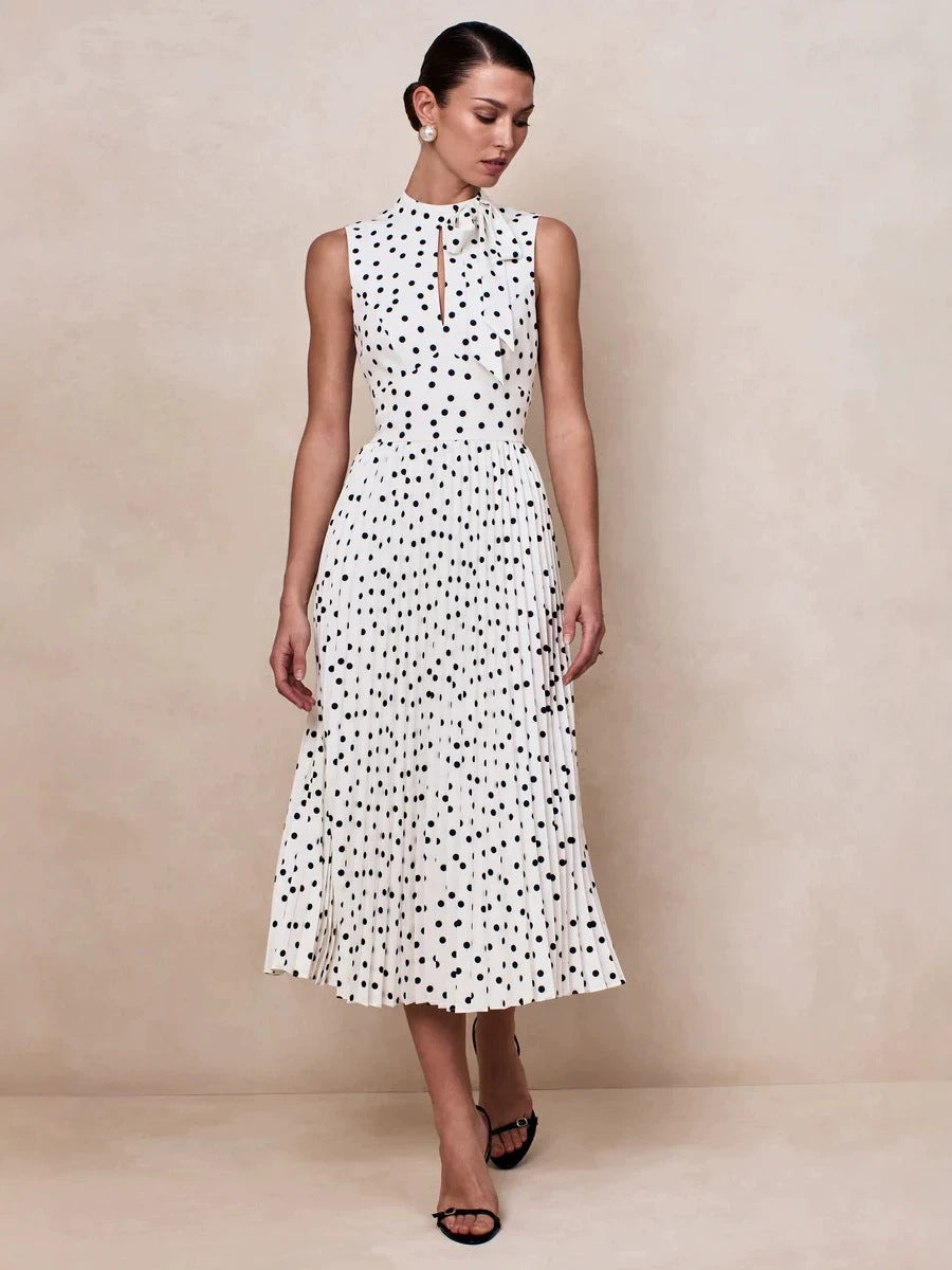 Elegant polka dot stand-up collar sleeveless long dress
