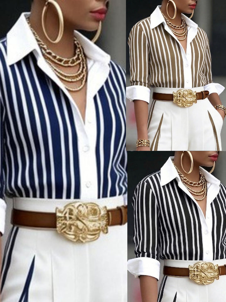 Casual striped shirt and slim-fit color-blocked trousers