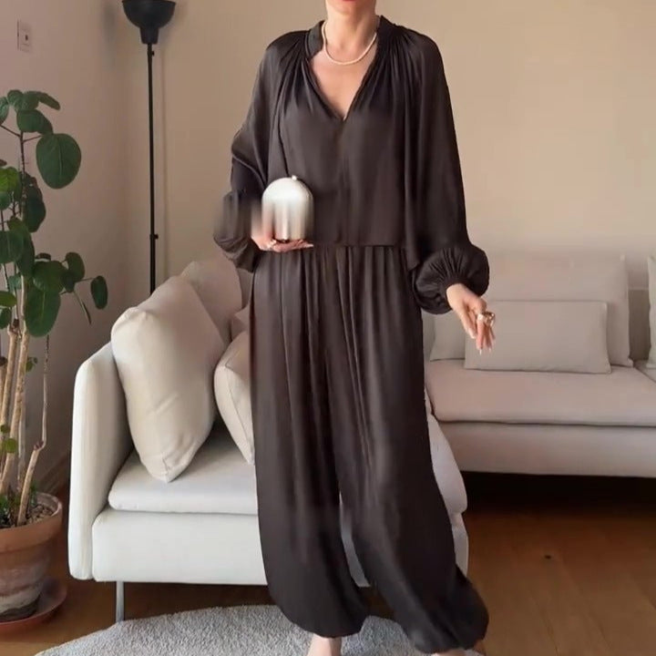 Breathable V-neck chiffon blouse and lantern pants two-piece set