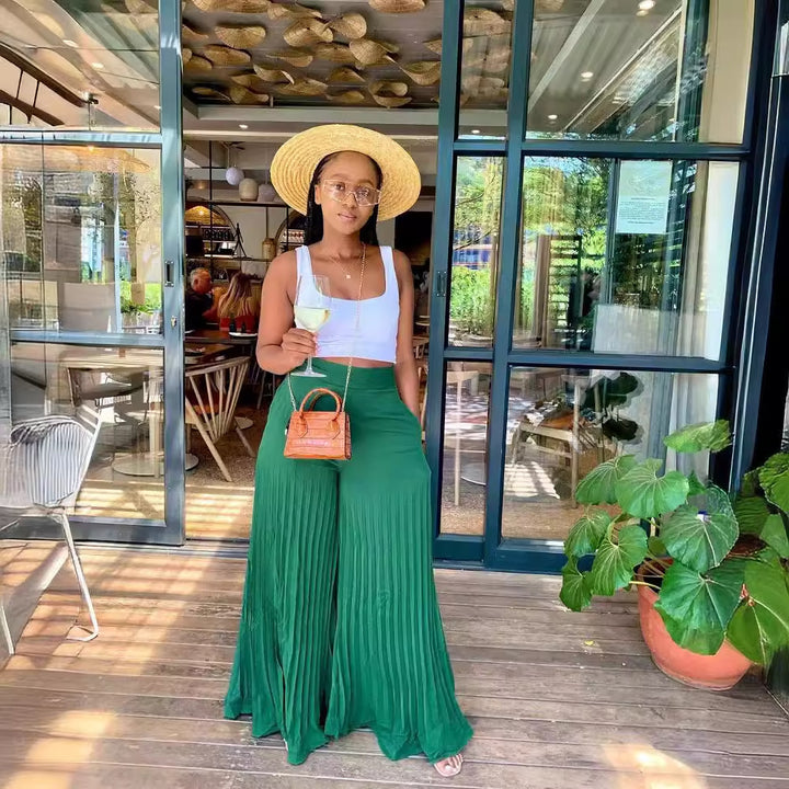Women's Elastic Waist Pleated Wide-Leg Pants