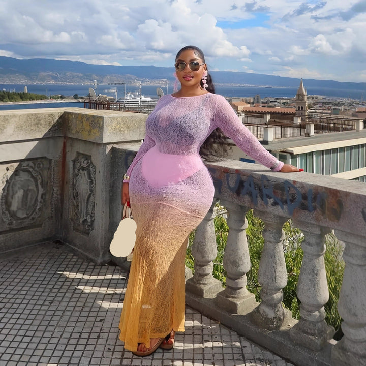Long-sleeved round neck slim gradient color dress