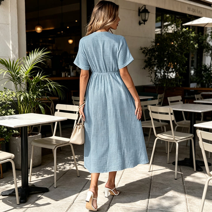 V-neck pure cotton loose long dress
