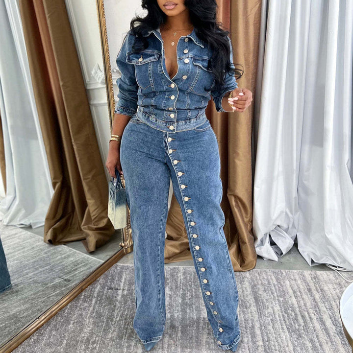 Multi-button straight-leg high-waisted jeans