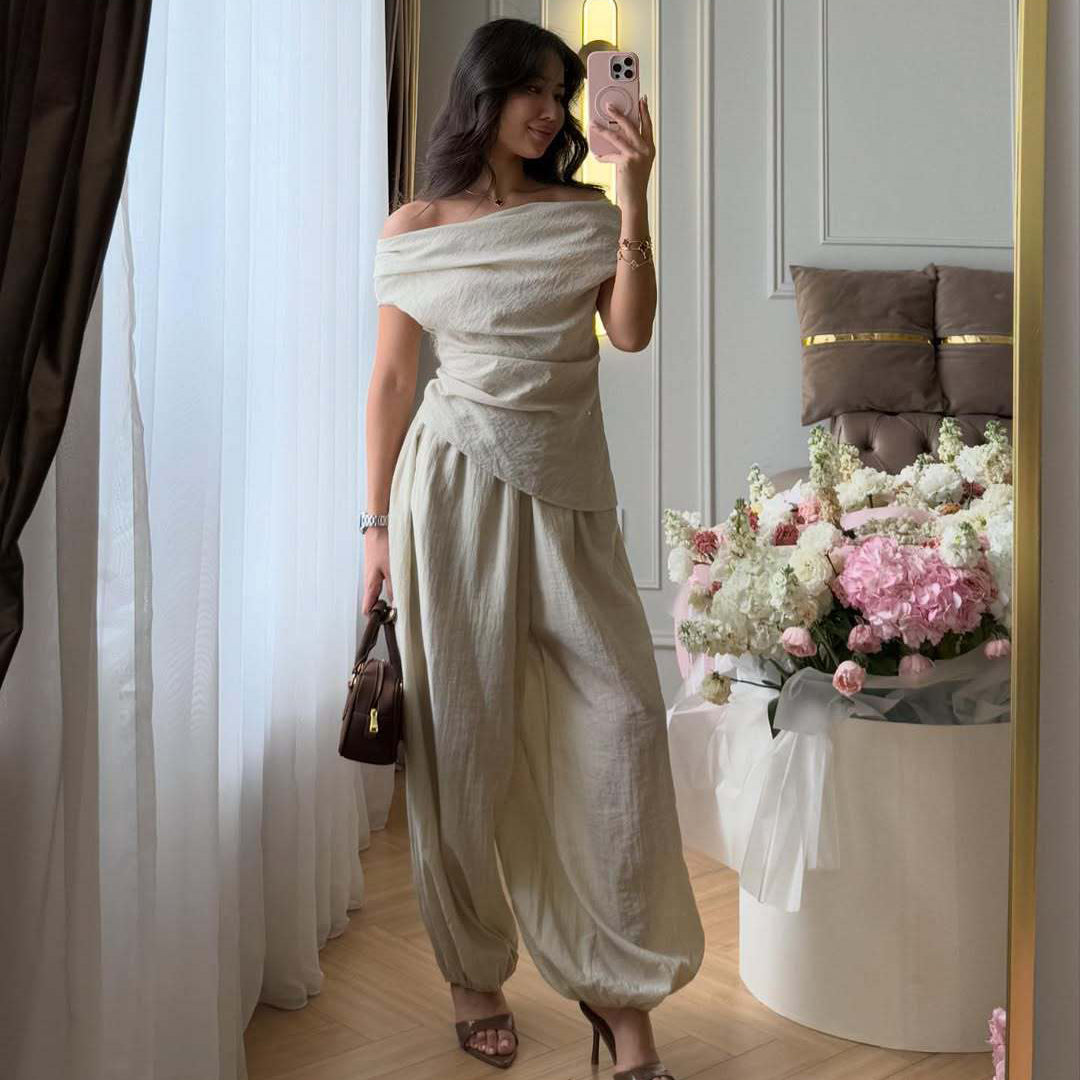 Breathable off-shoulder draped top and jogger pants set