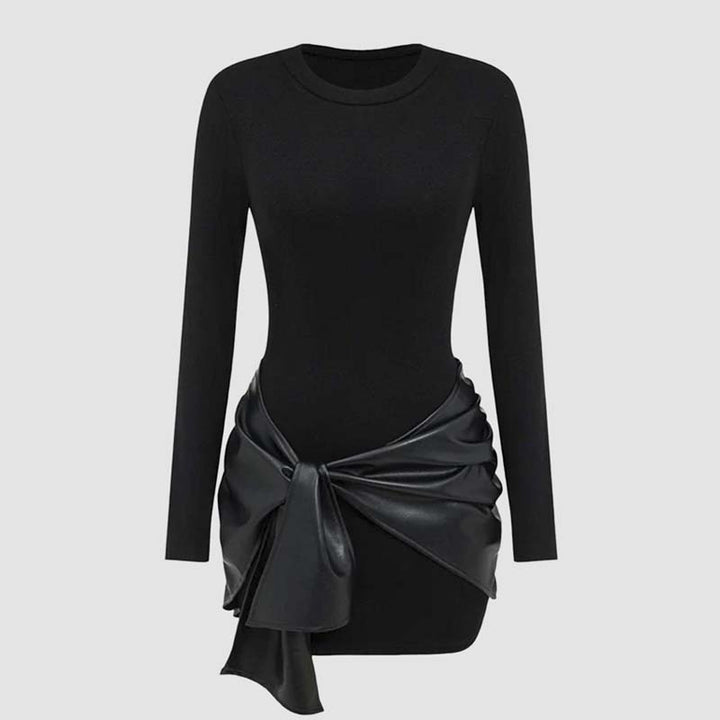 Solid color leather patchwork tight long-sleeved dress