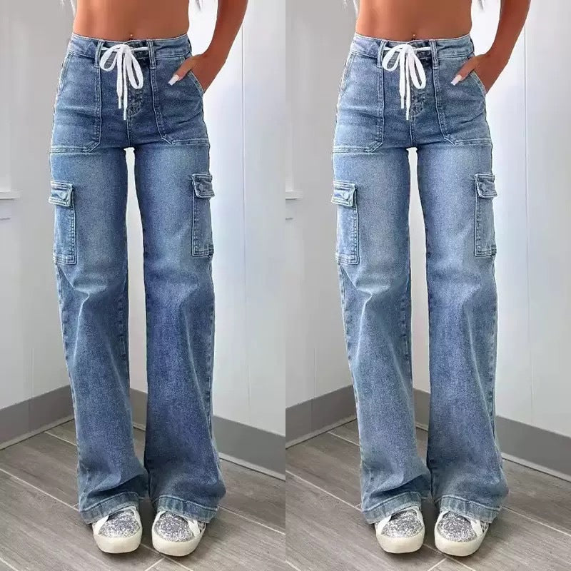 Casual drawstring straight leg jeans