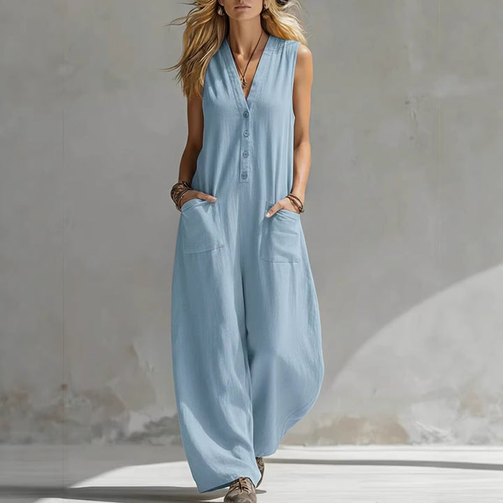 Double-pocket casual linen cotton sleeveless jumpsuit