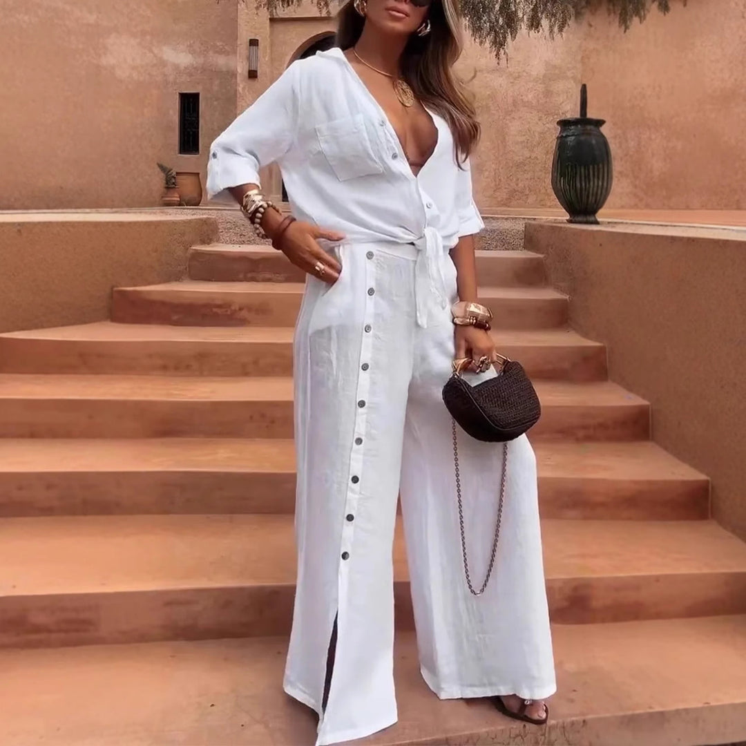 V-neck asymmetrical top and pants two-piece set