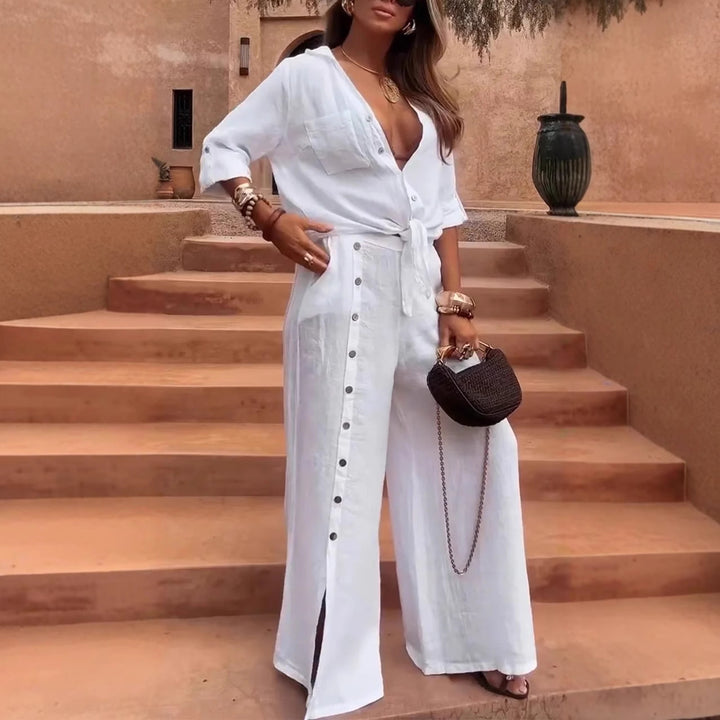 V-neck asymmetrical top and pants two-piece set