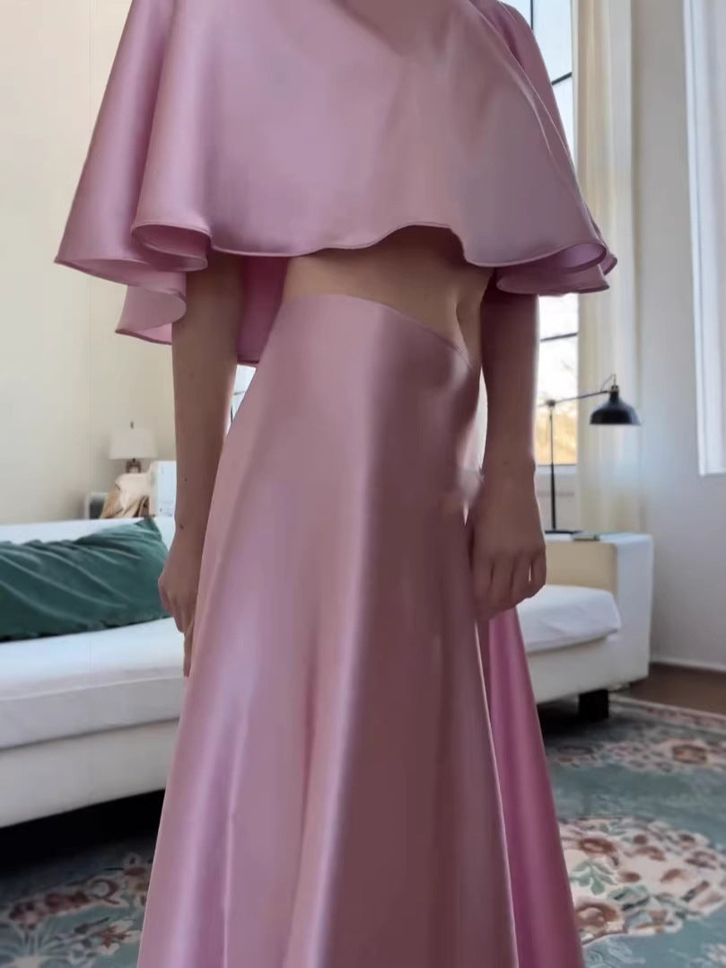 Solid color satin long skirt suit