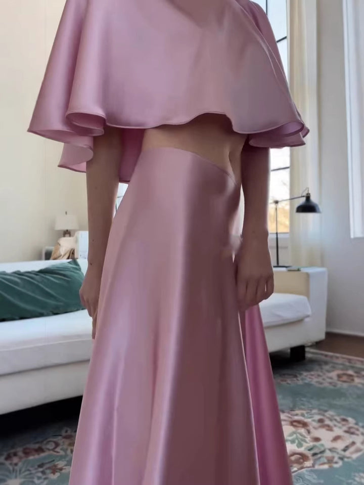 Solid color satin long skirt suit