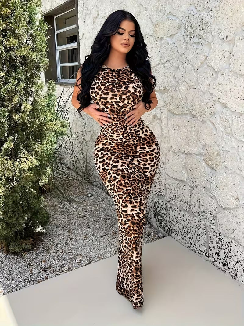 Leopard Print Backless Bodycon Dress