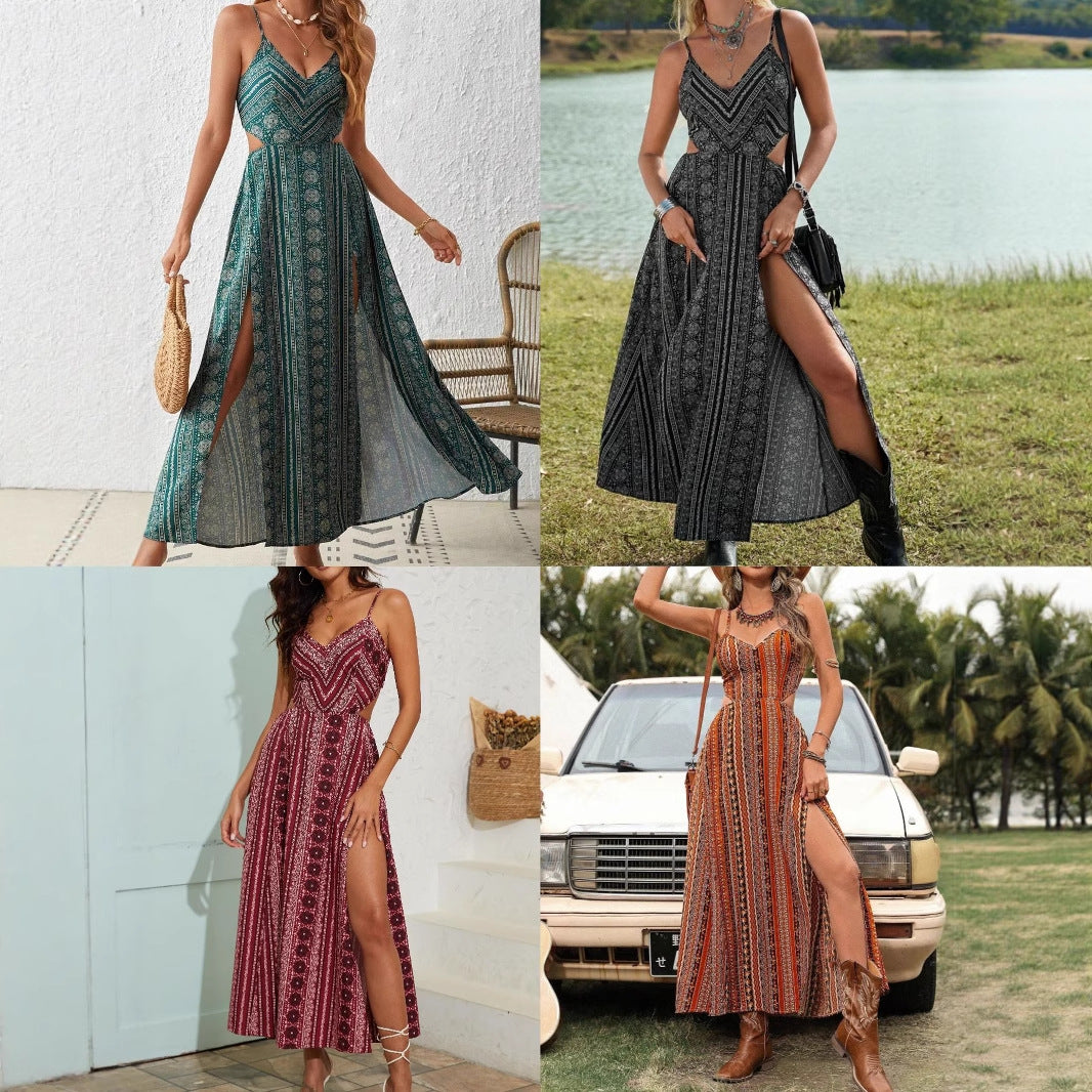 Printed backless halter-neck slit resort dress