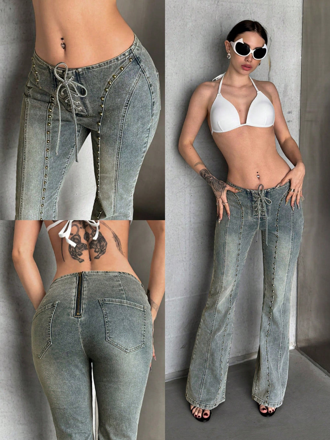 Retro studded drawstring mid-rise jeans