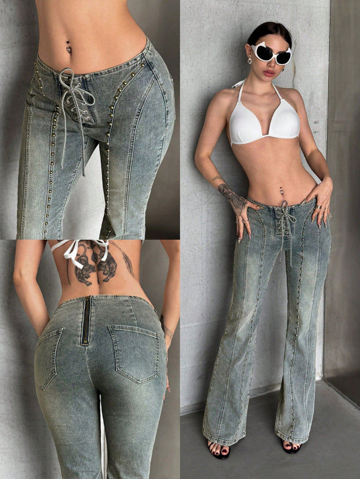 Retro studded drawstring mid-rise jeans
