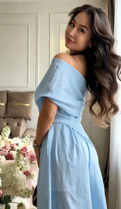 Breathable off-shoulder draped top and jogger pants set