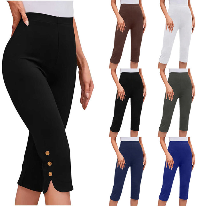 Summer Elastic Button High-Waisted Capri Pants