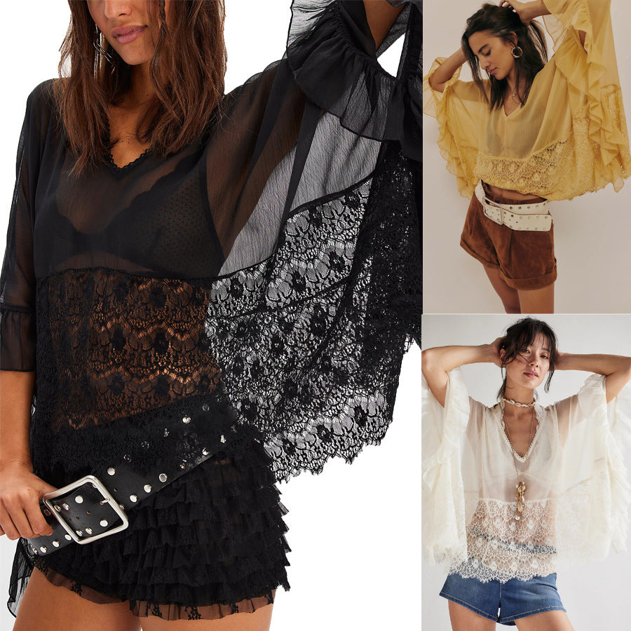 Batwing sleeve mesh and lace cover-up