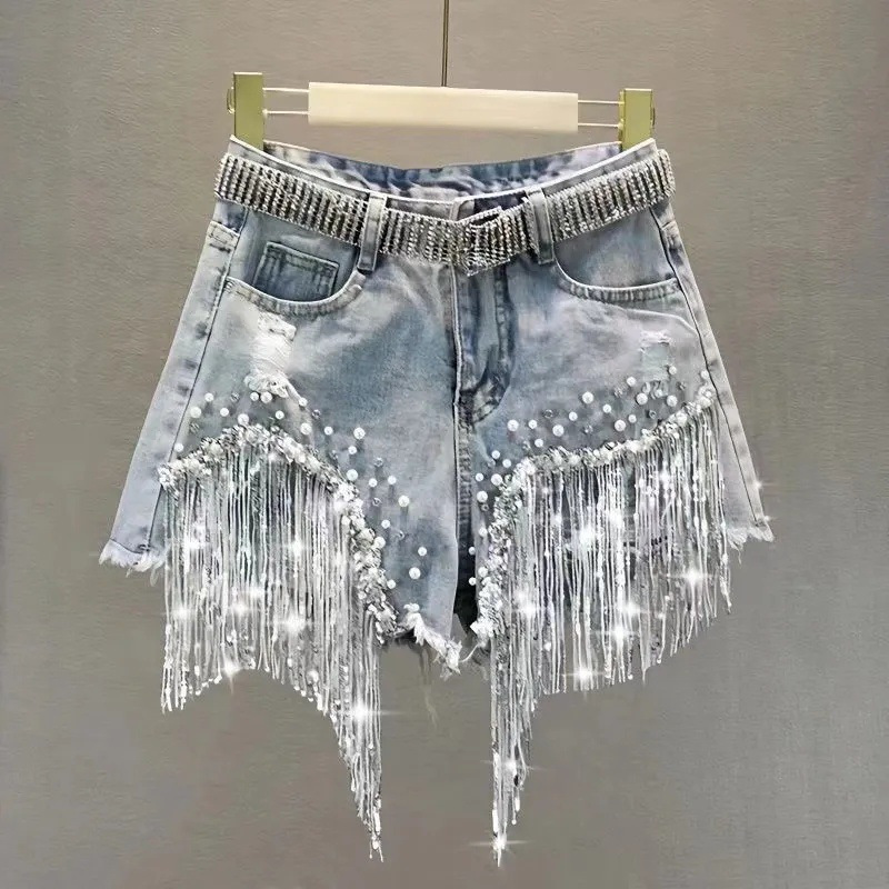 Stylish Distressed Denim Shorts with Fringes and Chains
