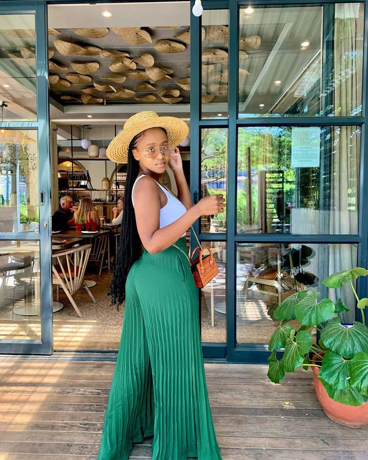 Women's Elastic Waist Pleated Wide-Leg Pants