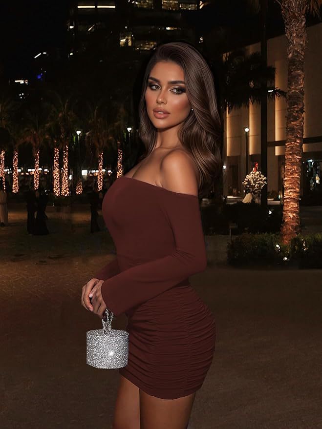 Solid color fashionable off-shoulder long-sleeved dress