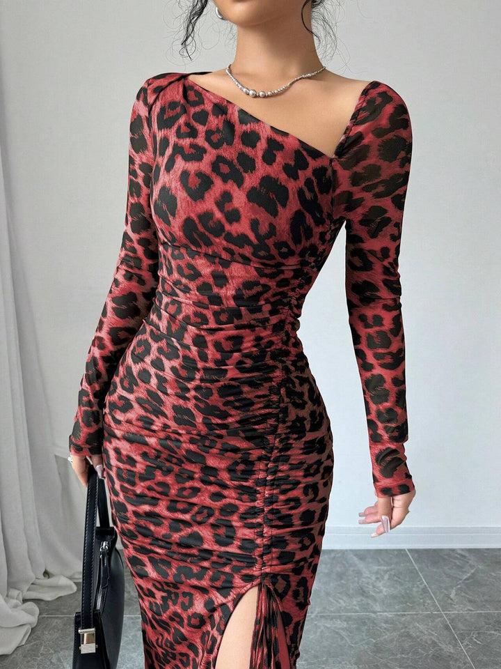 Slim-fit drawstring long-sleeved leopard print dress