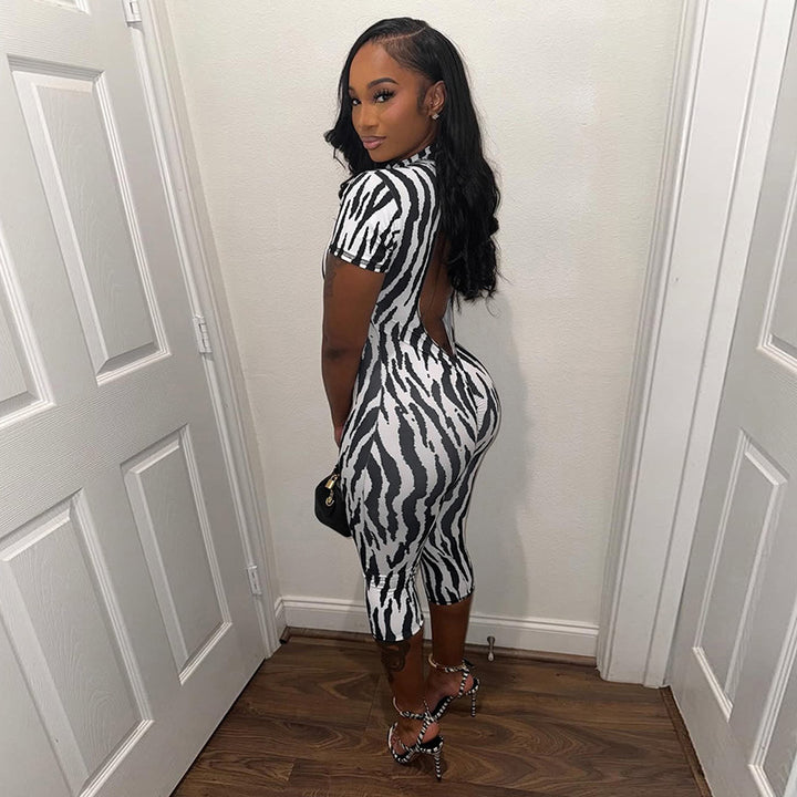 Printed short-sleeved backless bodysuit capri pants