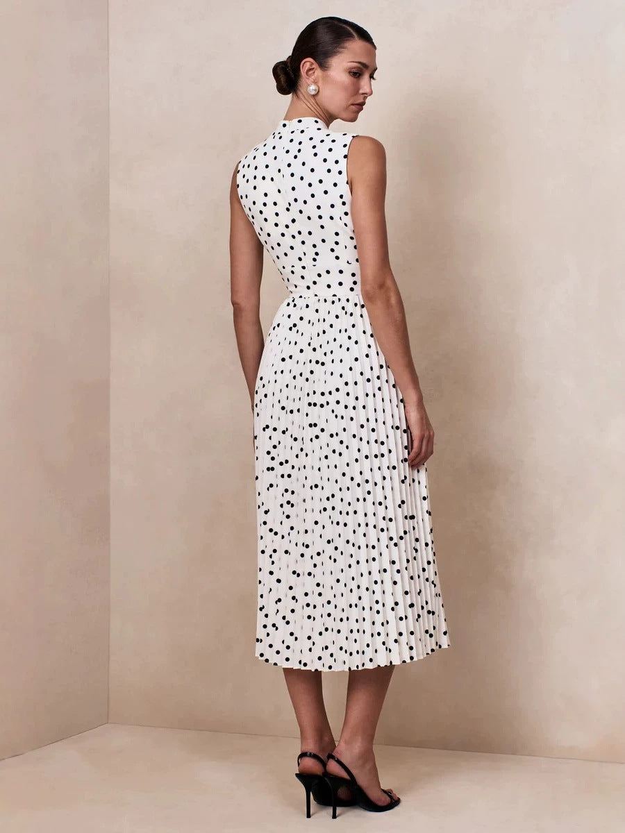 Elegant polka dot stand-up collar sleeveless long dress