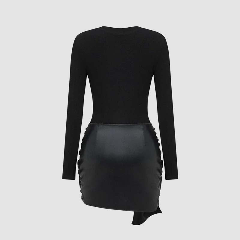 Solid color leather patchwork tight long-sleeved dress