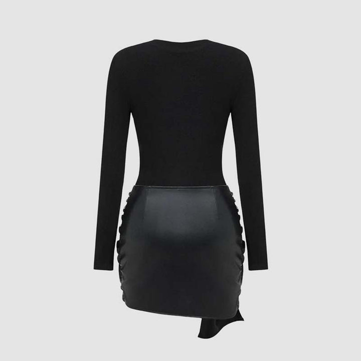 Solid color leather patchwork tight long-sleeved dress