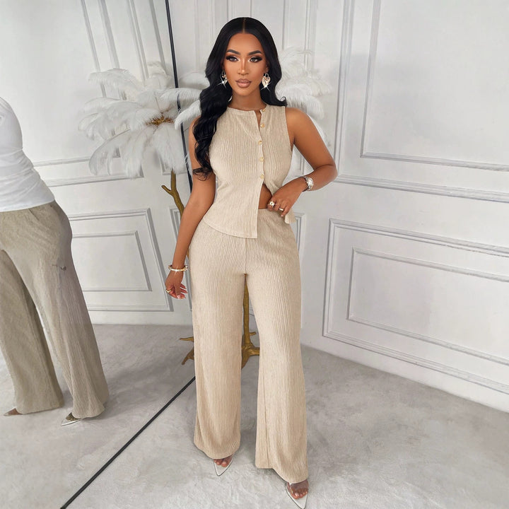 Sleeveless design top and straight-leg pants two-piece set