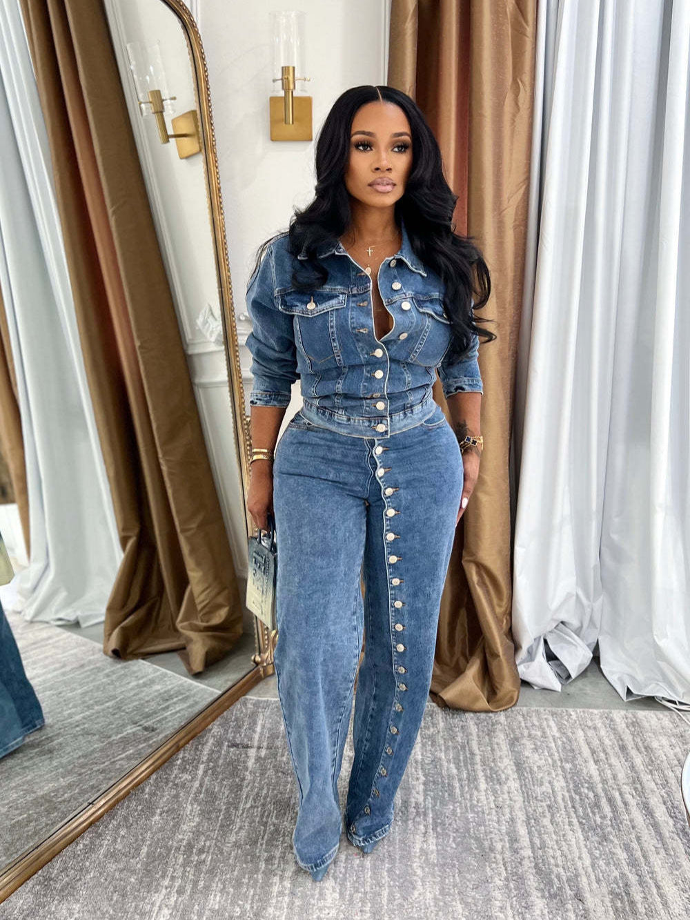 Multi-button straight-leg high-waisted jeans