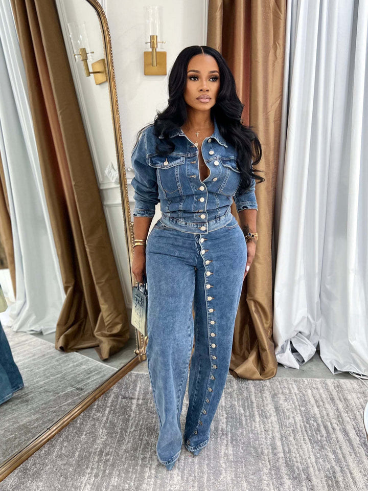 Multi-button straight-leg high-waisted jeans