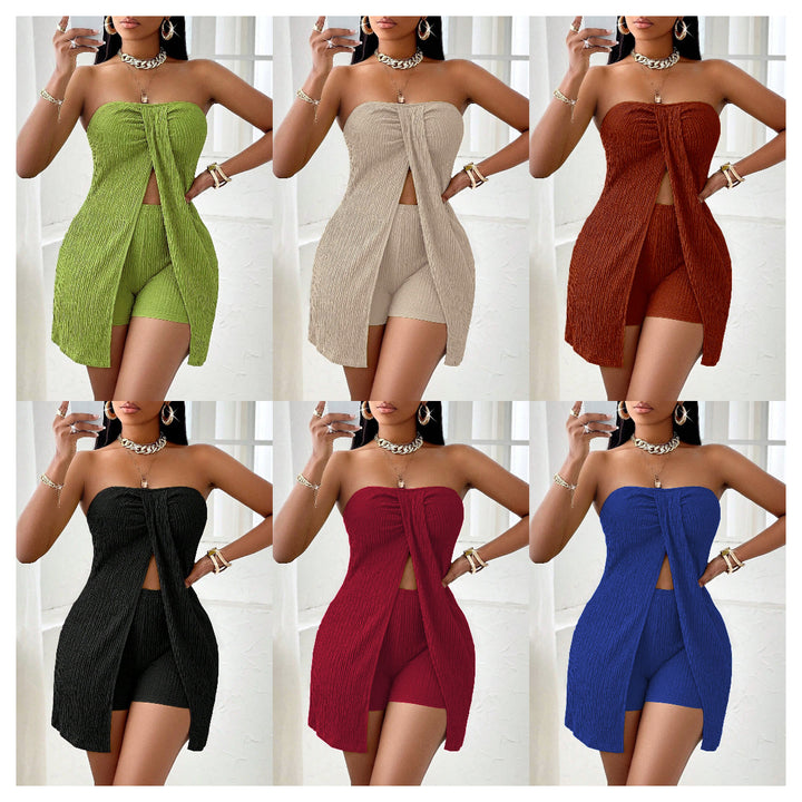Solid color strapless top and shorts set