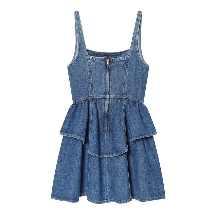 Street style off-the-shoulder denim suspender dress