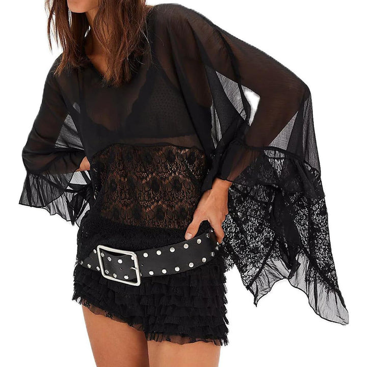 Batwing sleeve mesh and lace cover-up