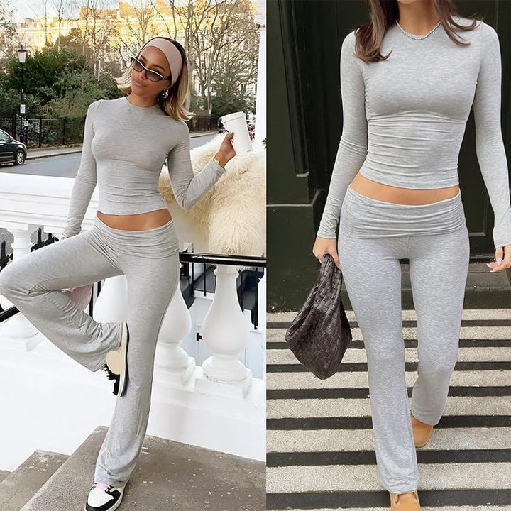 Crew neck T-shirt, low-rise flared pants, tracksuit